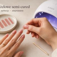 Paski żelowe semi-cured, lampa UV/LED i akcesoria do manicure – grafika AI